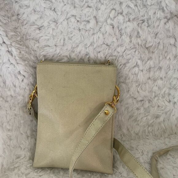 Gold Nylon Crossbody bag with Gold Brass Elephant Attachment & Crystal Eyes - Picture 2 of 11